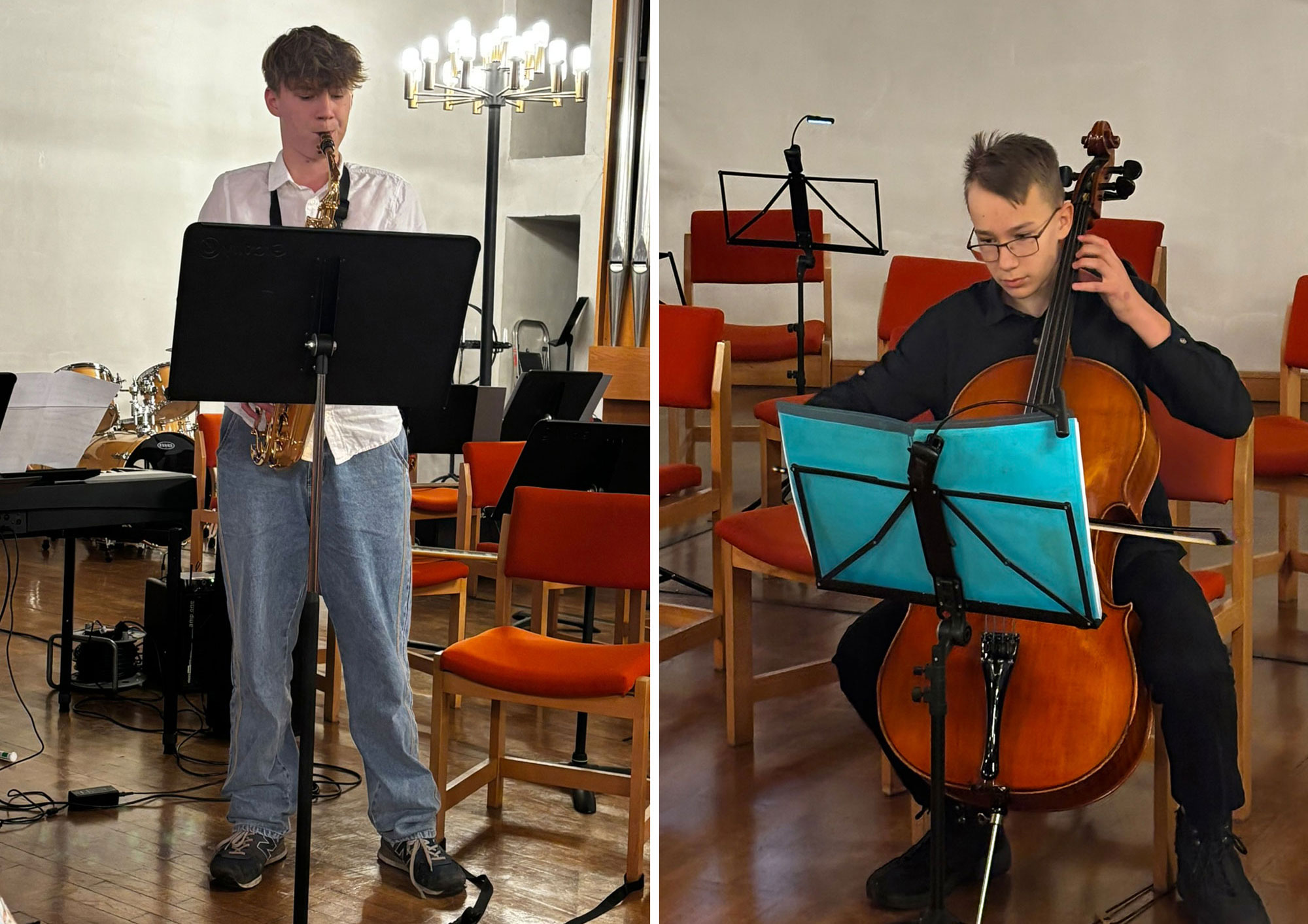 Bild-Collage Saxophon- und Chello-Solist spielen auf ihren Instrumenten
